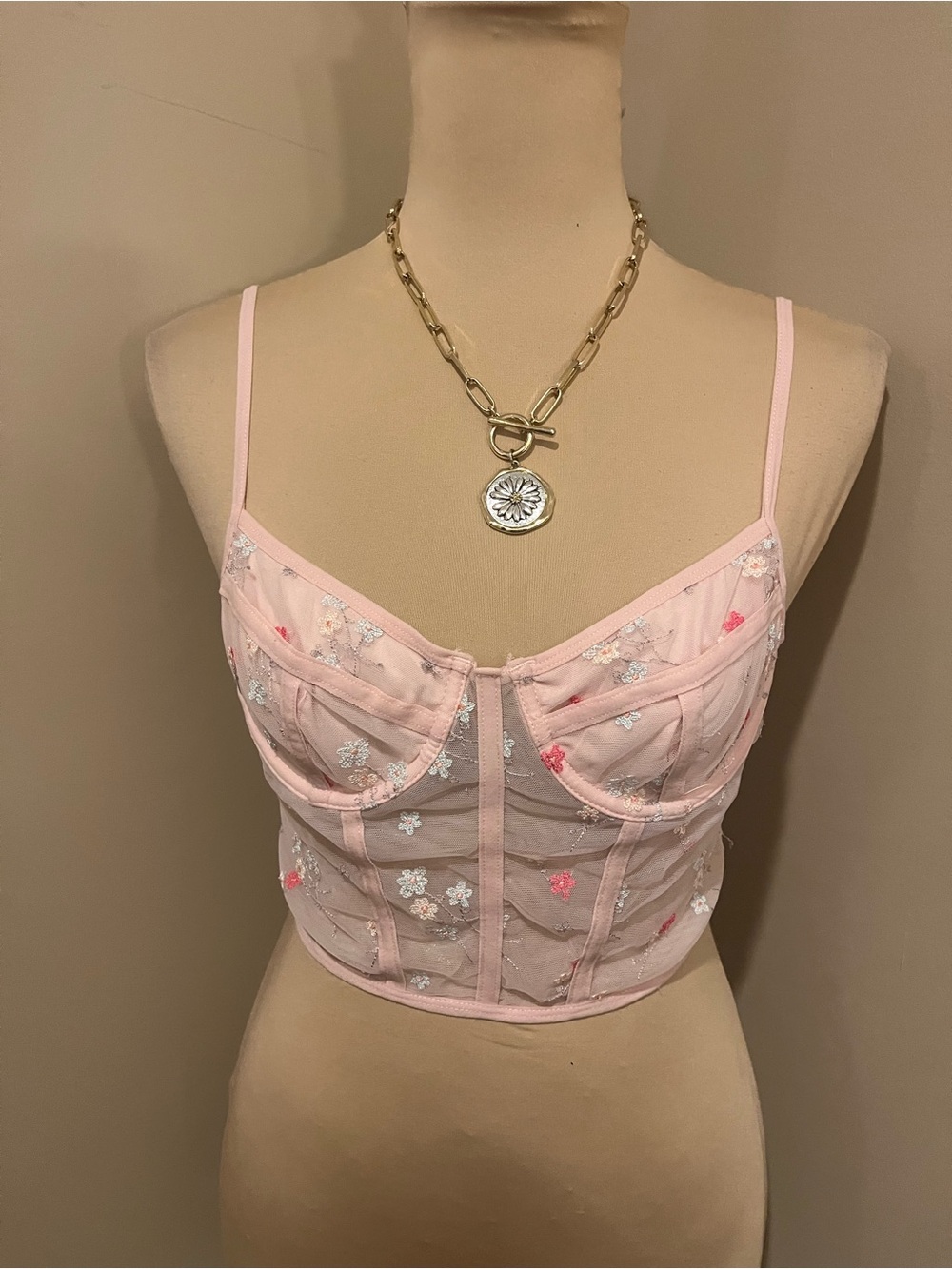 Full Tilt Pink Sheer Embroidered Floral Bustier Bra, Medium
